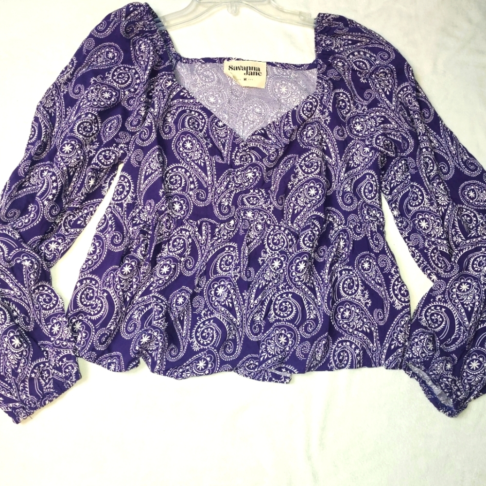 Savanna‎ Jane Paisley Bandana Women's Top Size Medium Purple Cropped Babydoll